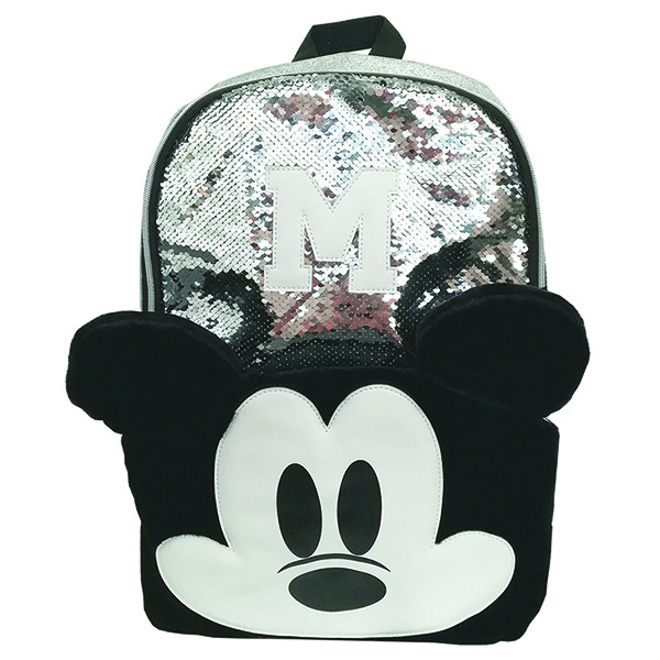 Ghiozdan scolar, paiete argintii, sclipici si blanita neagra, buzunar frontal cu Mickey Mouse, interior captusit - imagine 5
